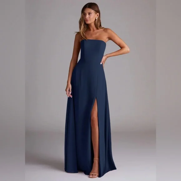 Azazie Wren Dark Navy A-Line Side Slit Chiffon Dress - Picture 2 of 13
